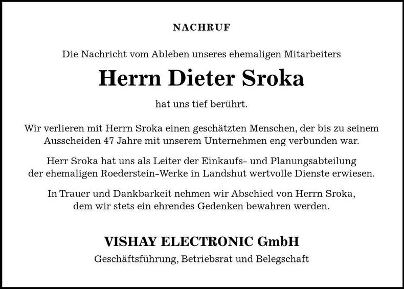 Traueranzeige Dieter Sroka