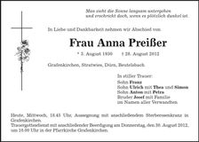 Traueranzeige Anna Preißer