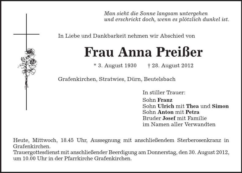 Traueranzeige Anna Preißer