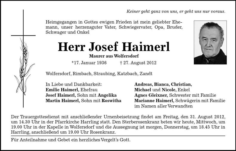 Traueranzeige Josef Haimerl