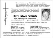 Traueranzeige Alois Schütz