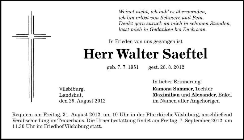 Traueranzeige Walter Saeftel