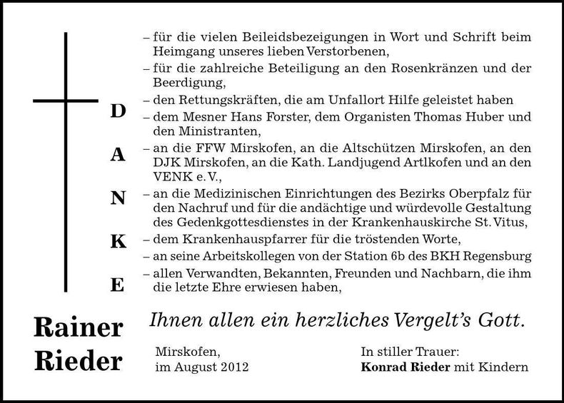 Traueranzeige Rainer Rieder