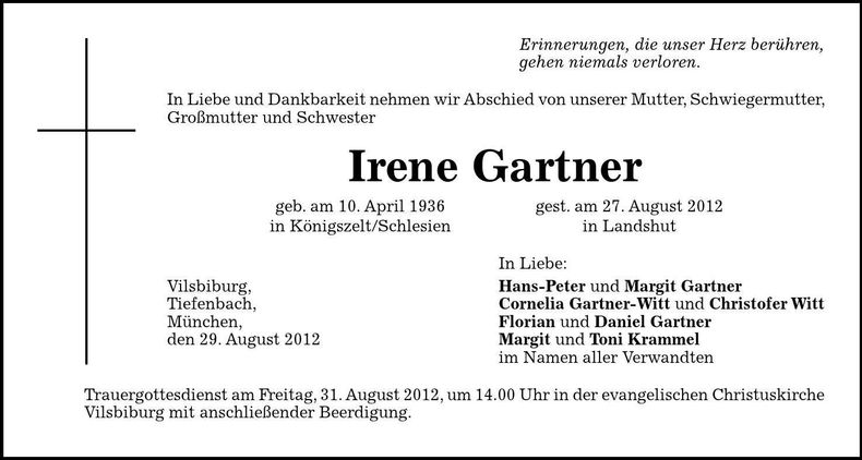 Traueranzeige Irene Gartner