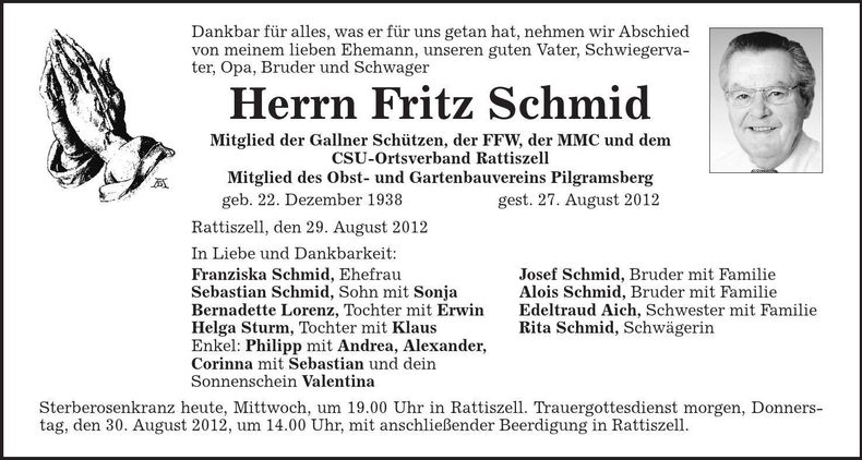 Traueranzeige Fritz Schmid