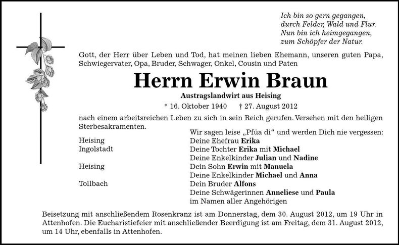 Traueranzeige Erwin Braun