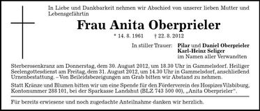 Traueranzeige Anita Oberprieler