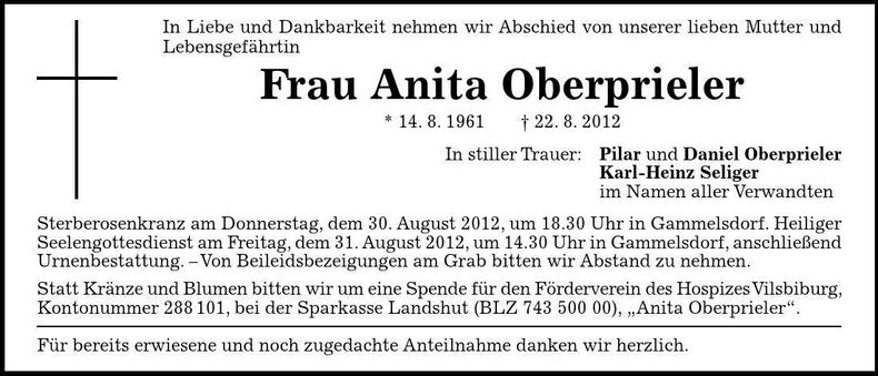 Traueranzeige Anita Oberprieler