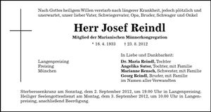 Traueranzeige Josef Reindl