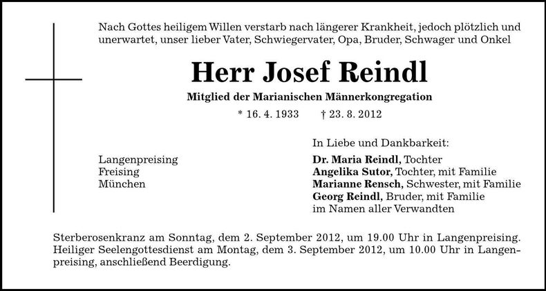 Traueranzeige Josef Reindl