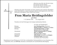 Traueranzeige Maria Heidingsfelder