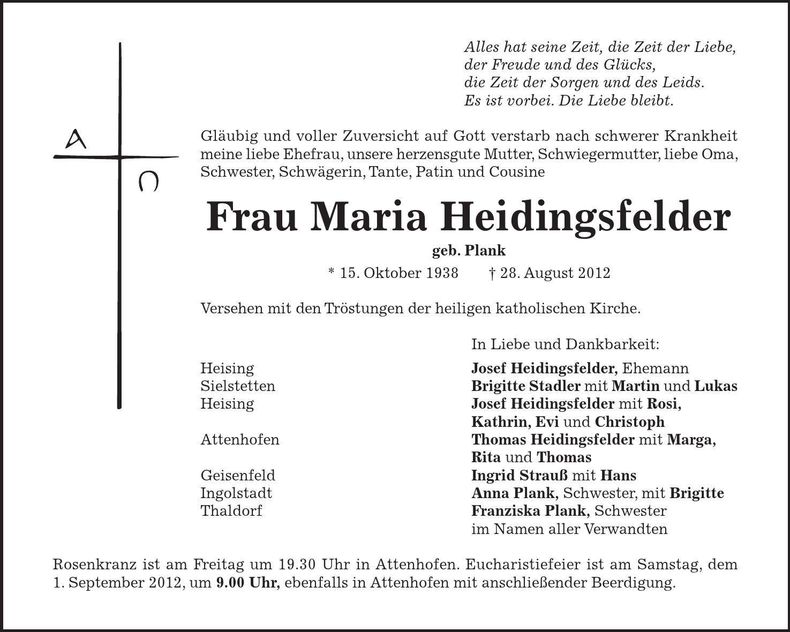Traueranzeige Maria Heidingsfelder