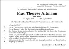 Traueranzeige Therese Altmann