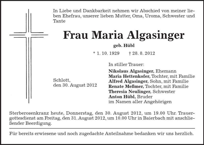 Traueranzeige Maria Algasinger