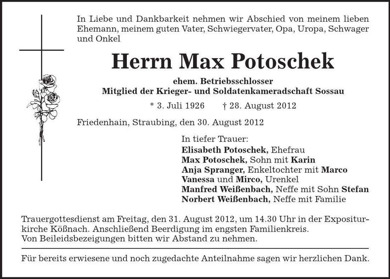 Traueranzeige Max Potoschek