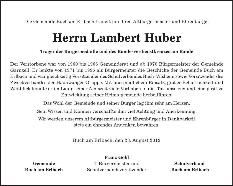 Traueranzeige Lambert Huber