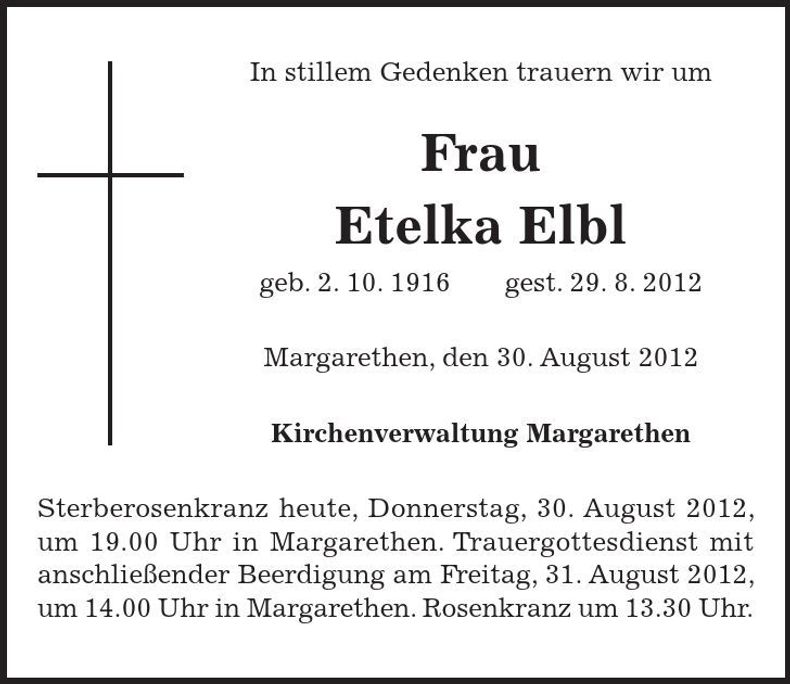 Traueranzeige Etelka Elbl