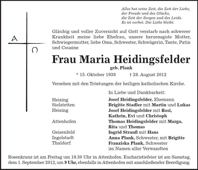 Traueranzeige Maria Heidingsfelder