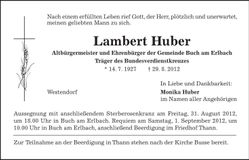 Traueranzeige Lambert Huber