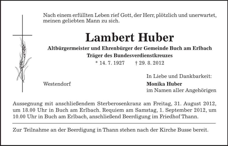 Traueranzeige Lambert Huber