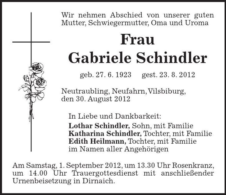 Traueranzeige Gabriele Schindler