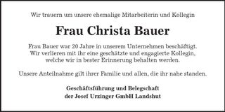 Traueranzeige Christa Bauer