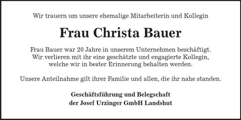 Traueranzeige Christa Bauer