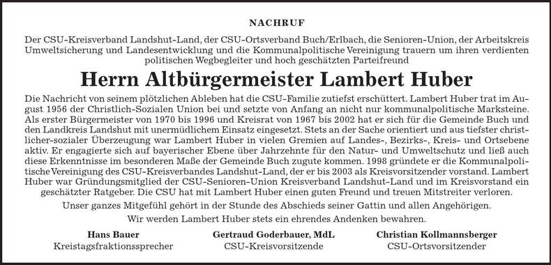 Traueranzeige Lambert Huber