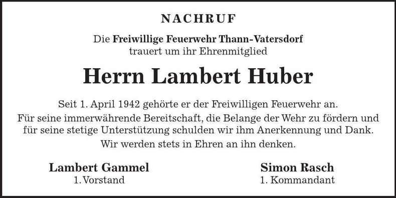 Traueranzeige Lambert Huber