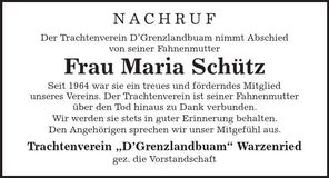 Traueranzeige Maria Schütz