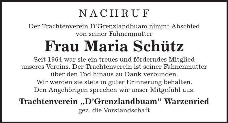 Traueranzeige Maria Schütz