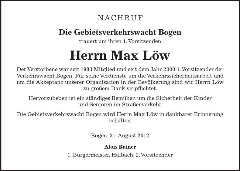 Traueranzeige Max Löw