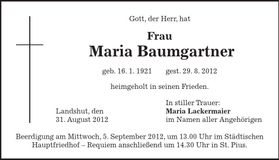 Traueranzeige Maria Baumgartner