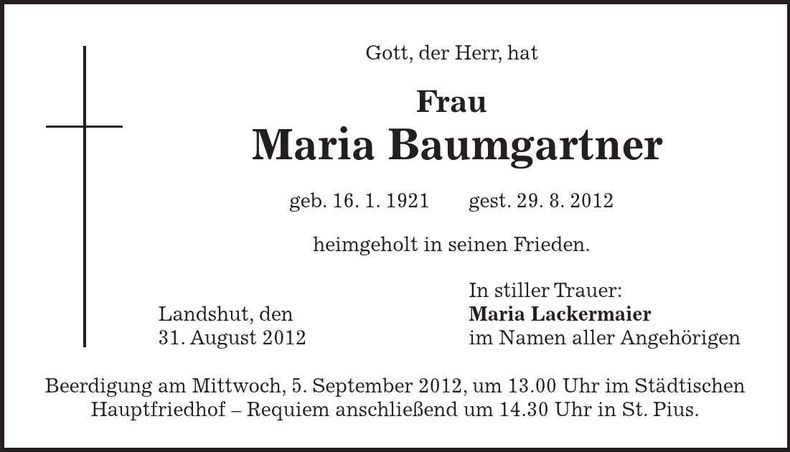 Traueranzeige Maria Baumgartner