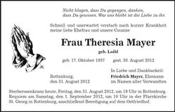 Traueranzeige Theresia Mayer