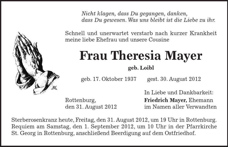 Traueranzeige Theresia Mayer