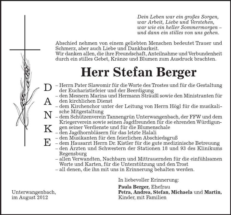 Traueranzeige Stefan Berger