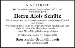 Traueranzeige Alois Schütz