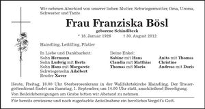 Traueranzeige Franziska Bösl