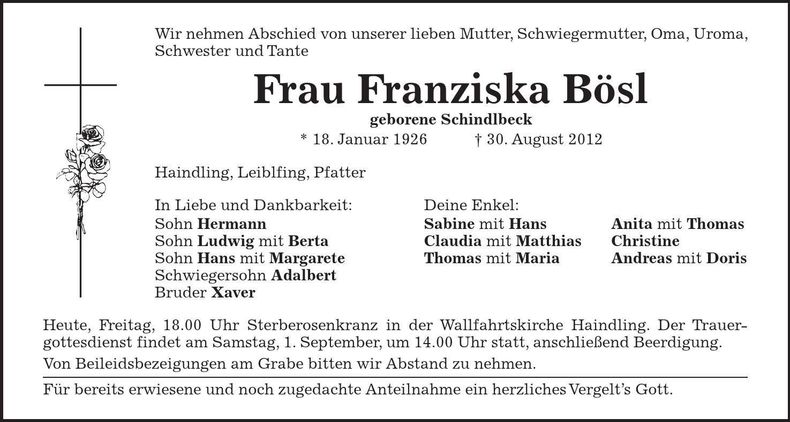Traueranzeige Franziska Bösl