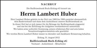 Traueranzeige Lambert Huber