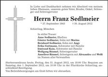 Traueranzeige Franz Sedlmeier