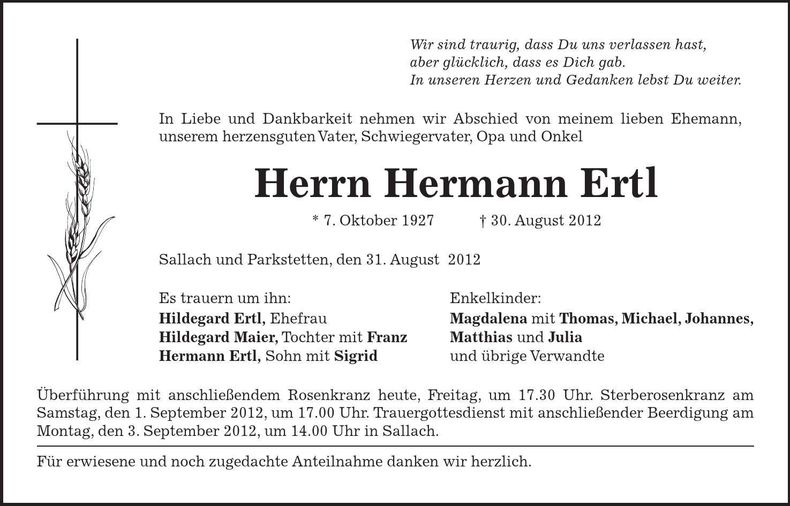 Traueranzeige Hermann Ertl