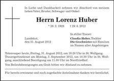 Traueranzeige Lorenz Huber