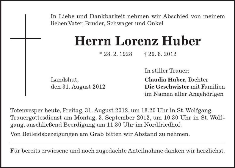 Traueranzeige Lorenz Huber