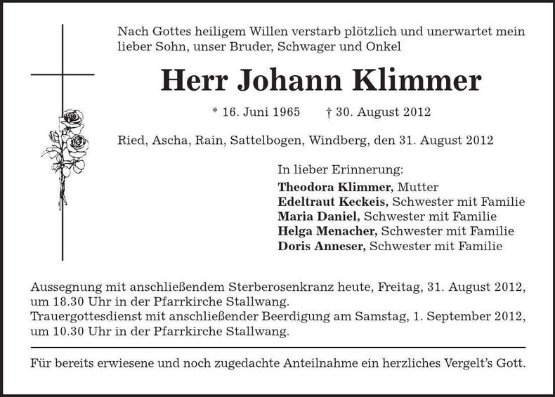 Traueranzeige Johann Klimmer