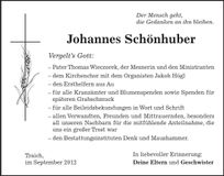 Traueranzeige Johannes Schönhuber