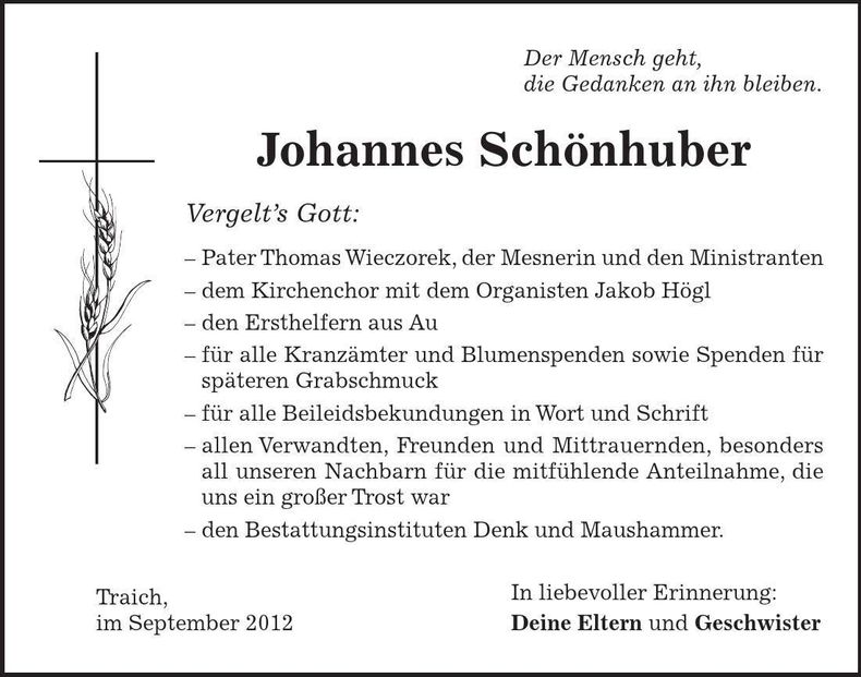 Traueranzeige Johannes Schönhuber