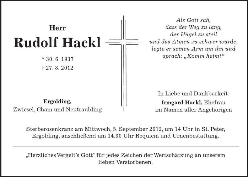 Traueranzeige Rudolf Hackl