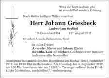 Traueranzeige Johann Griesbeck